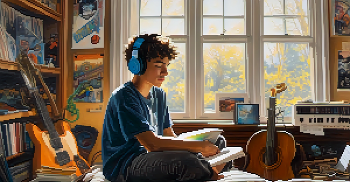 A teenager in a cozy room wearing headphones, surrounded by musical instruments and band posters, with sunlight streaming through the window.
