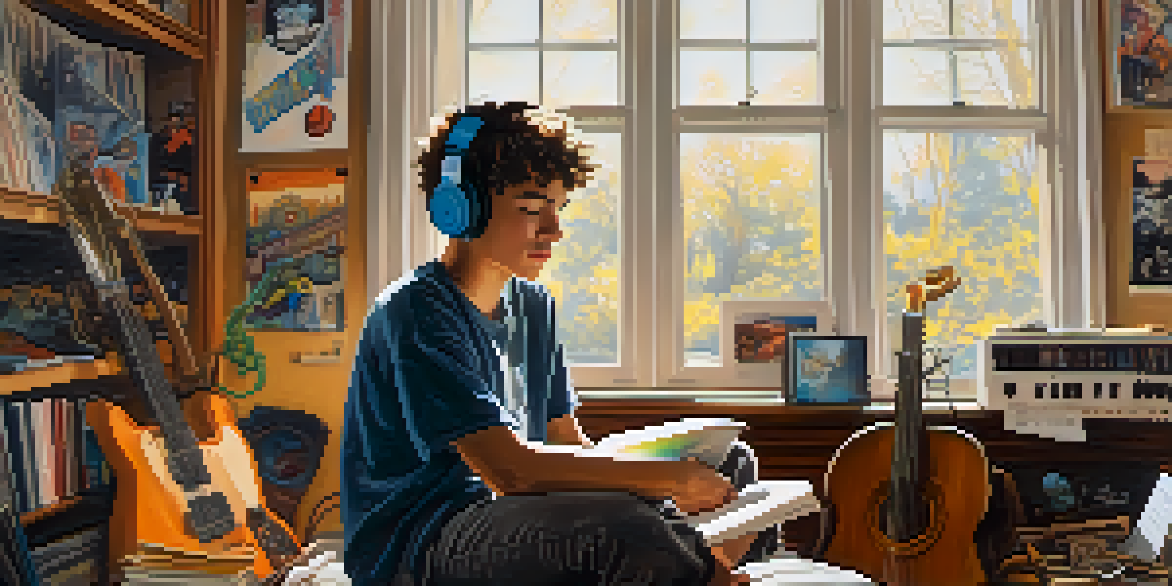 A teenager in a cozy room wearing headphones, surrounded by musical instruments and band posters, with sunlight streaming through the window.