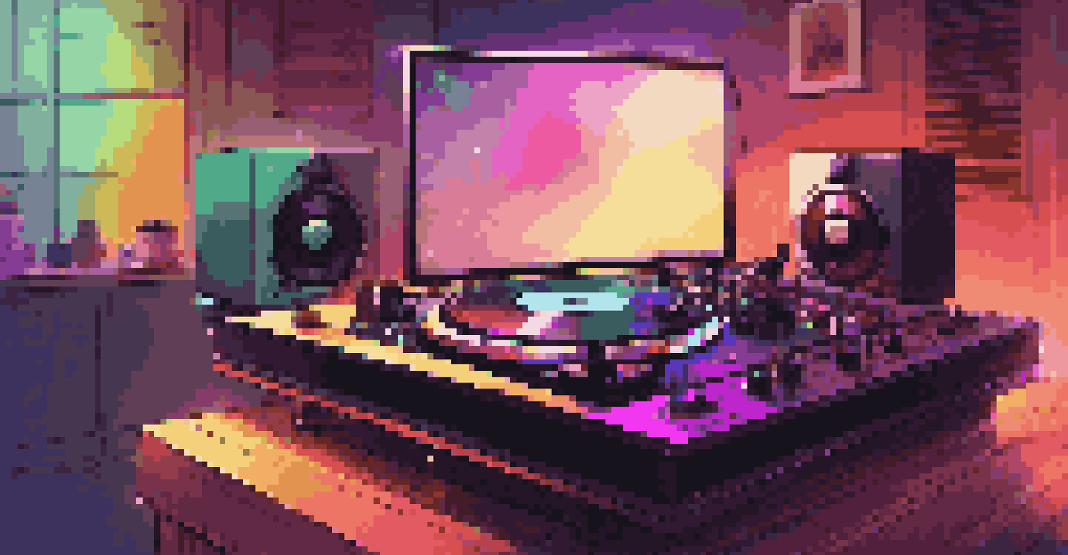 A cozy home DJ setup with a mixer, turntables, and colorful LED lights, creating a vibrant atmosphere.