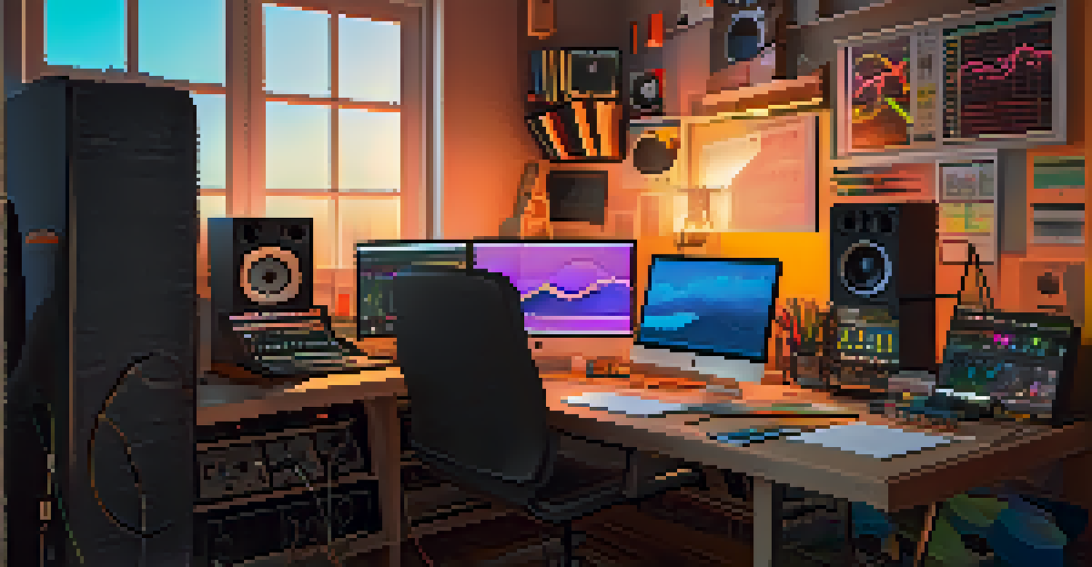 An artist's workspace with audio editing software, headphones, and musical instruments, illuminated by warm light.