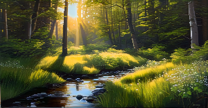 A serene forest scene bathed in golden light, with a stream and blooming wildflowers.