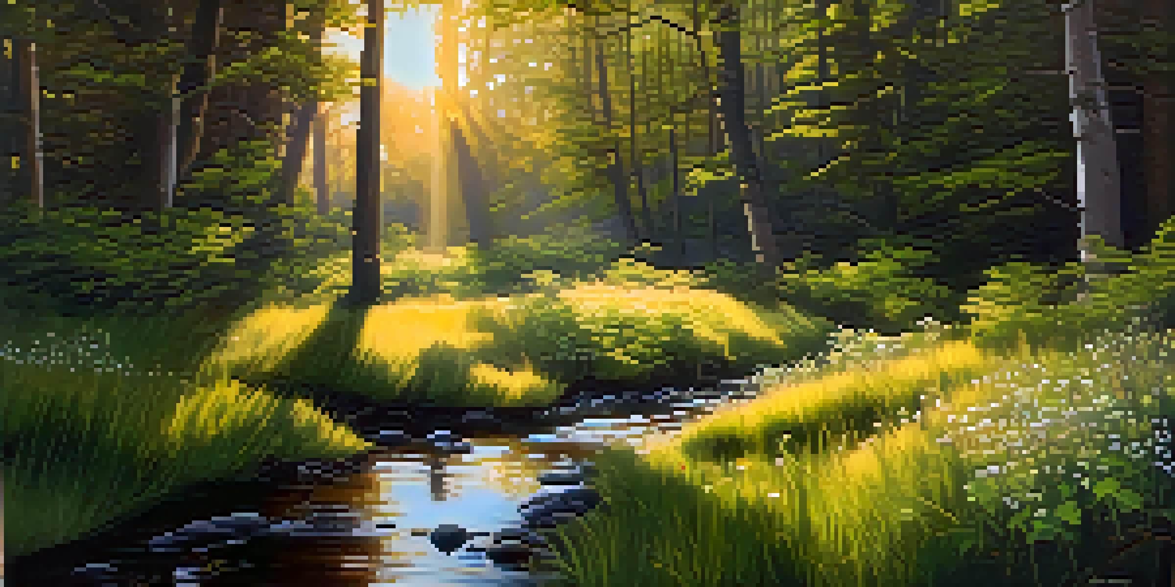 A serene forest scene bathed in golden light, with a stream and blooming wildflowers.