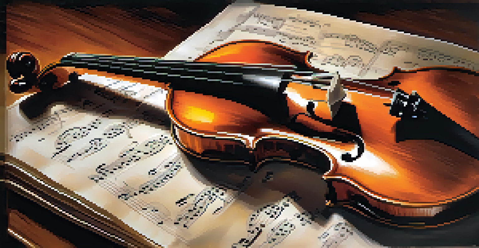 A close-up of a vintage violin on sheet music, showcasing warm wood tones and intricate craftsmanship under soft natural light.