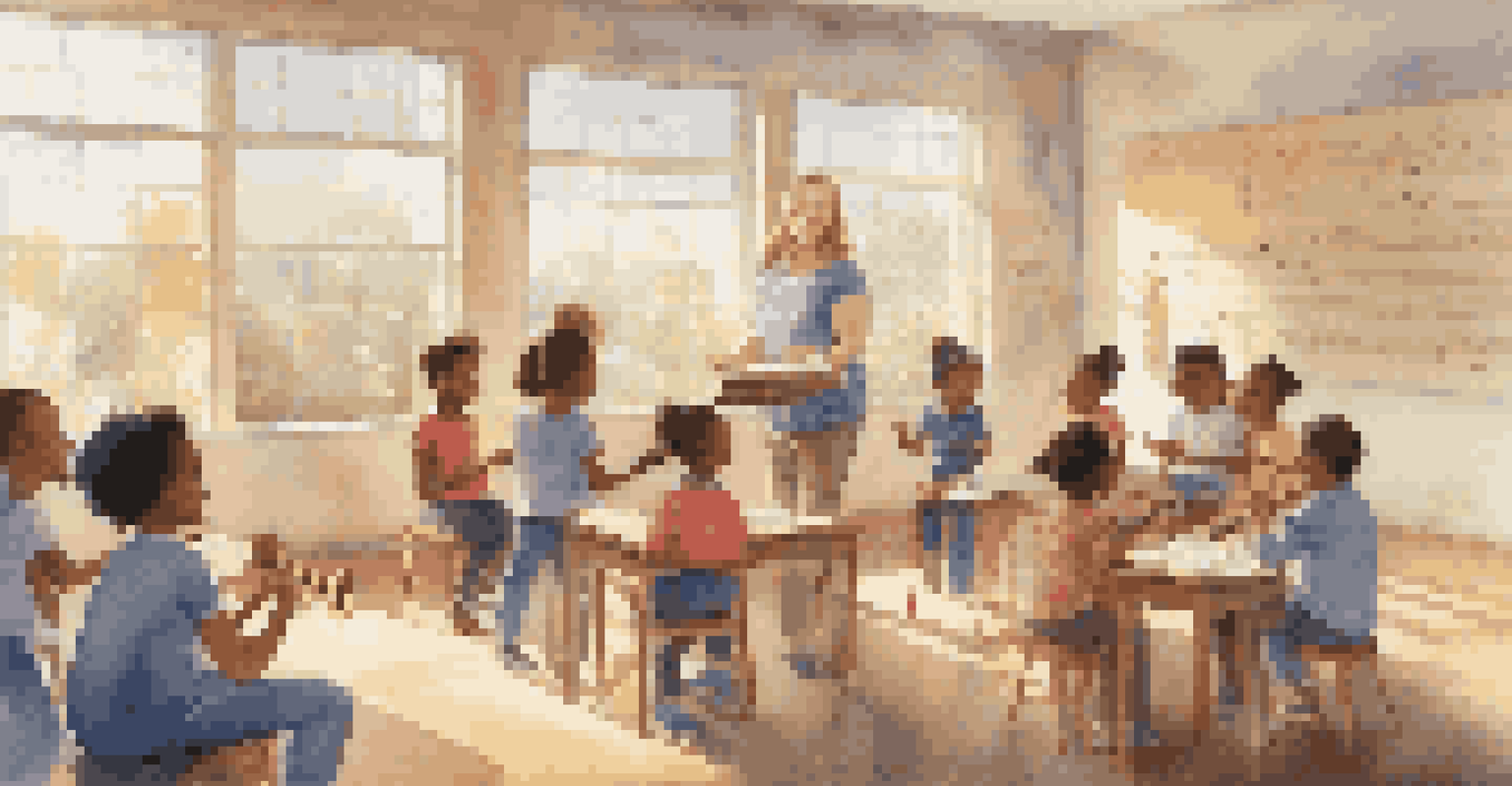 Volunteers teaching music to children in a colorful classroom filled with sunlight and musical decorations.