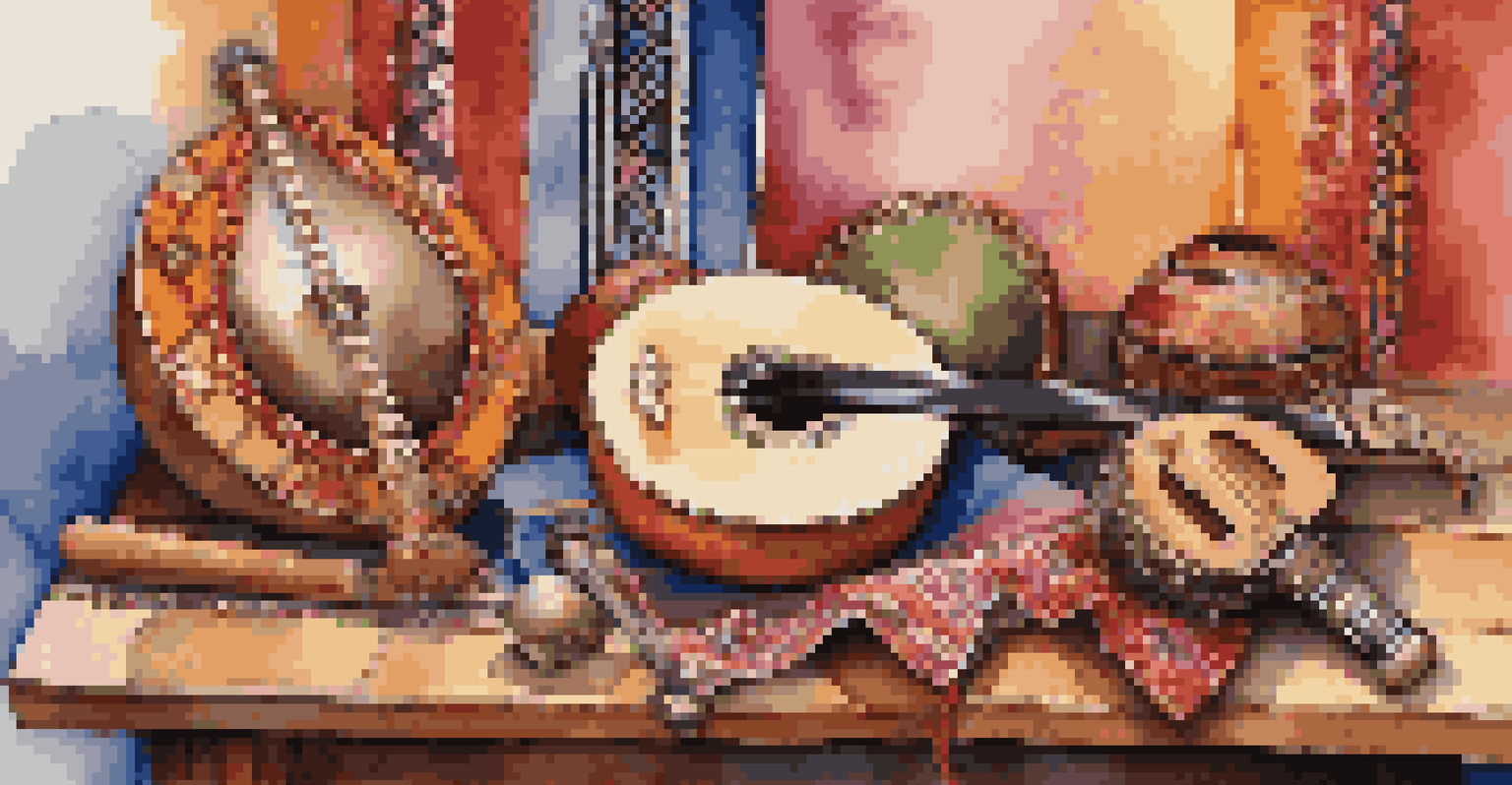 A collection of traditional musical instruments from different cultures displayed on a table, surrounded by colorful textiles, emphasizing the beauty of cultural exchange.