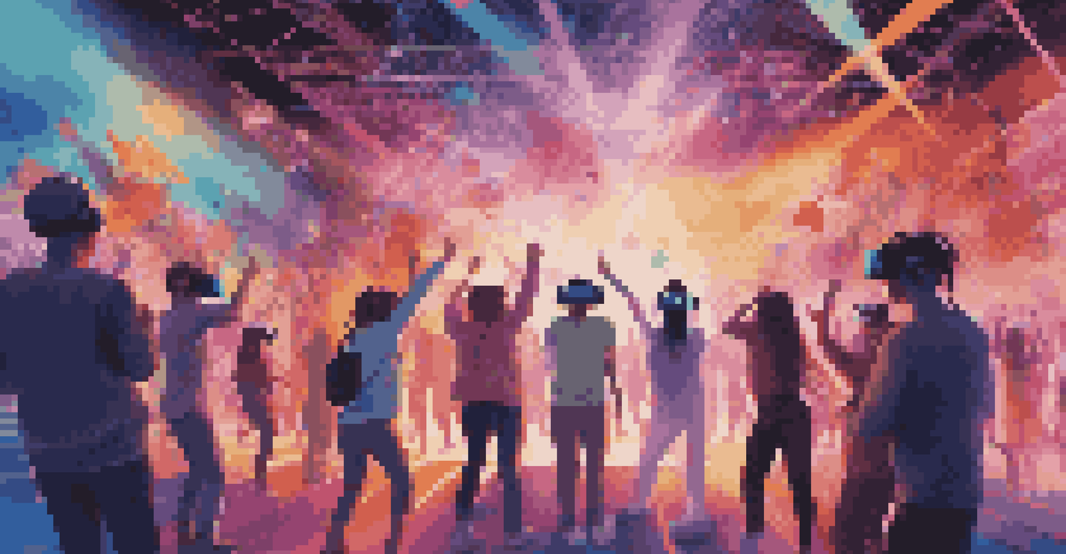 Fans enjoying a virtual reality concert with immersive graphics and colorful visuals.
