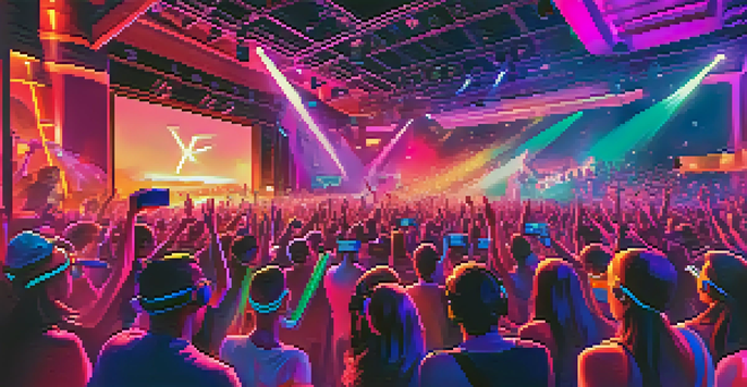 A lively virtual reality music event with a crowd wearing VR headsets, colorful visual effects, and a dynamic stage filled with lights.