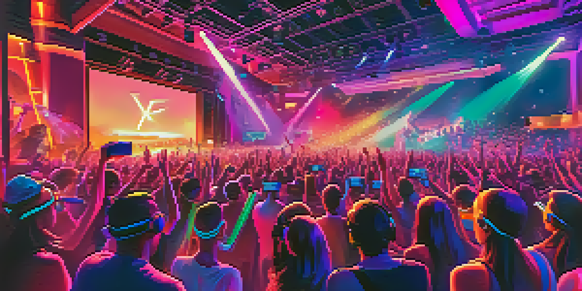 A lively virtual reality music event with a crowd wearing VR headsets, colorful visual effects, and a dynamic stage filled with lights.