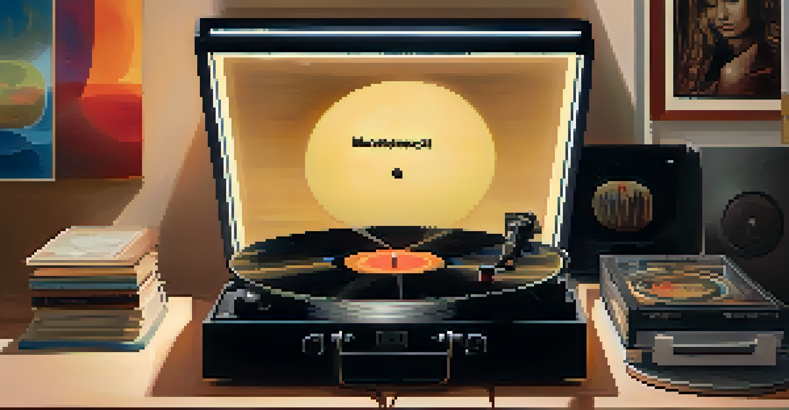 A close-up of a spinning vinyl record on a turntable, with a collection of colorful music albums and a warm lamp creating a nostalgic ambiance.