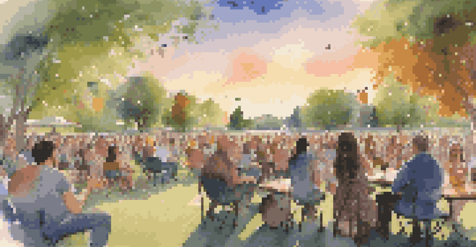 A diverse crowd enjoying a live music performance in a park at sunset, with smiles and colorful lights creating an engaging atmosphere.