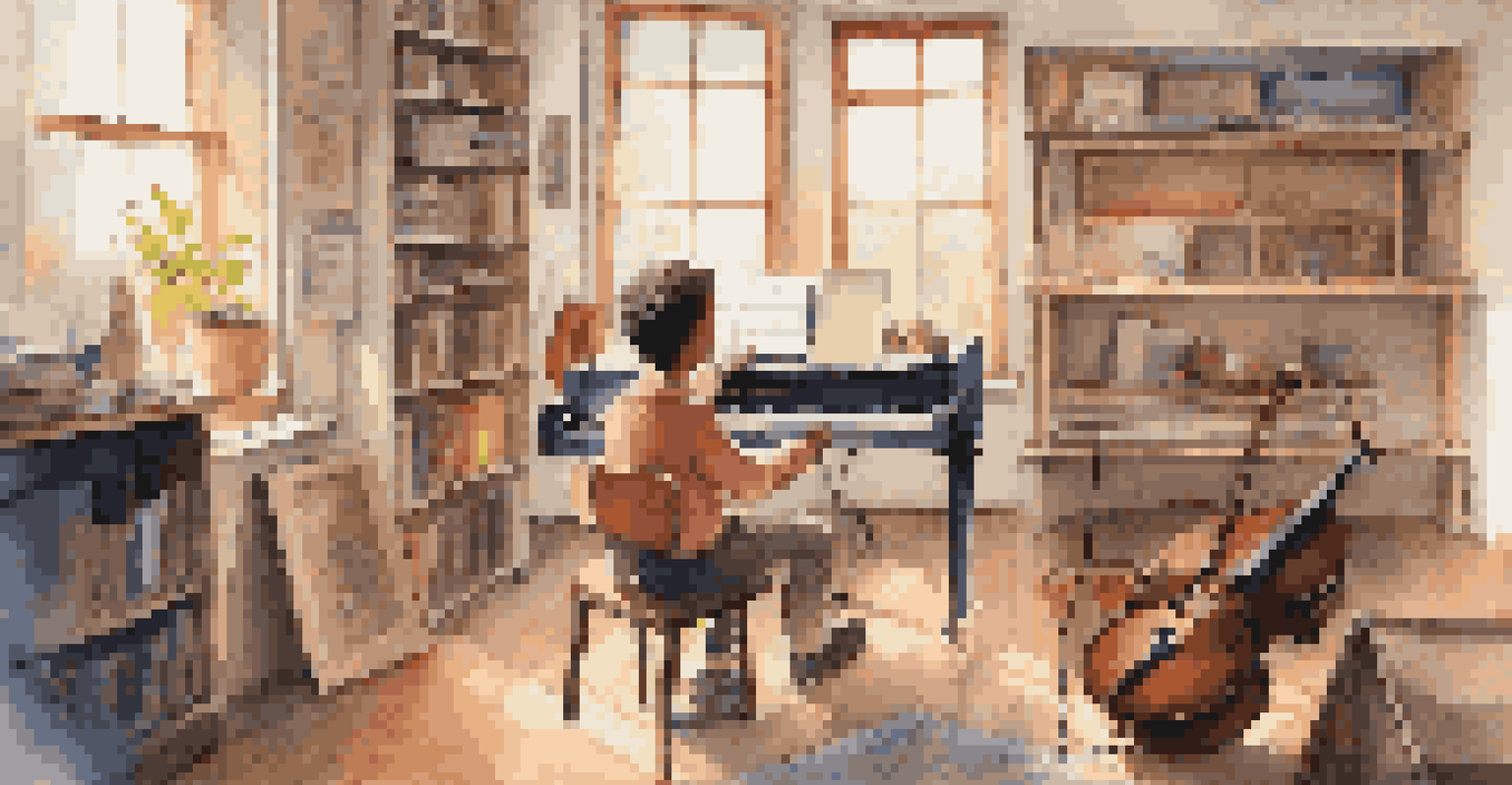 A young student engaged in an online music lesson with a classical musician, surrounded by instruments and books in a cozy classroom with natural light.