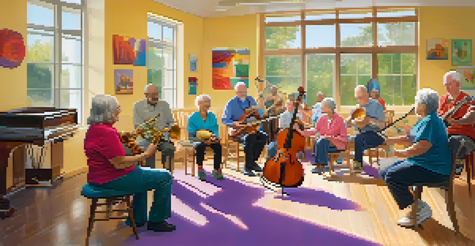 Seniors engaged in a lively music therapy session, playing instruments and enjoying the vibrant atmosphere of the room.