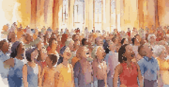 A diverse choir performing in a sunlit auditorium, showcasing joyful expressions and colorful attire.