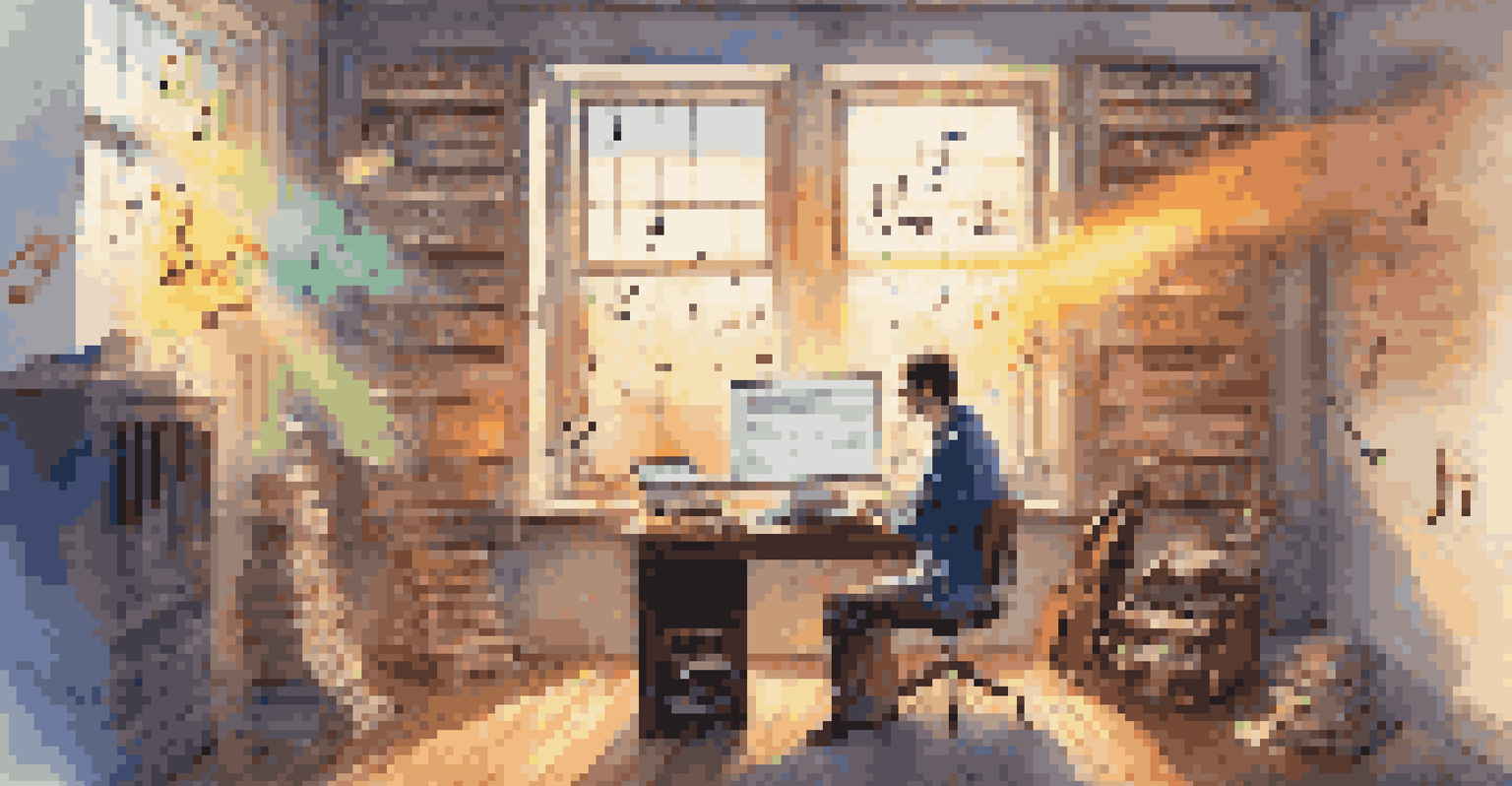 A composer at a desk with a laptop, surrounded by floating musical notes and sound waves, in a sunlit creative space.