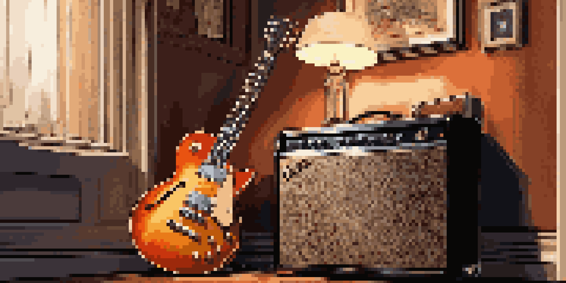 A sunburst electric guitar leaning against a vintage amplifier in a dimly lit room with music posters on the walls.