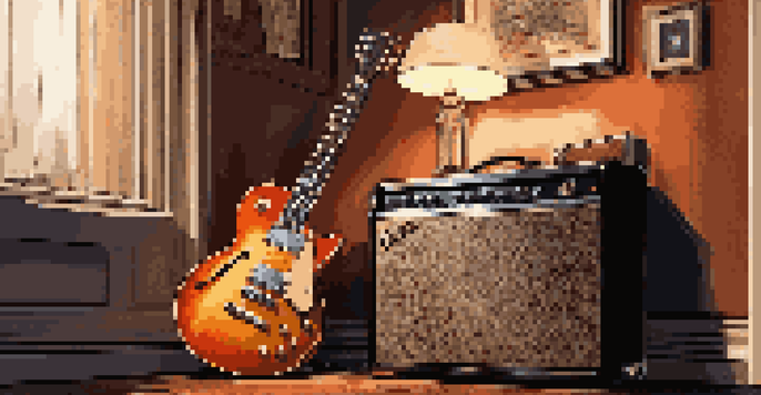 A sunburst electric guitar leaning against a vintage amplifier in a dimly lit room with music posters on the walls.