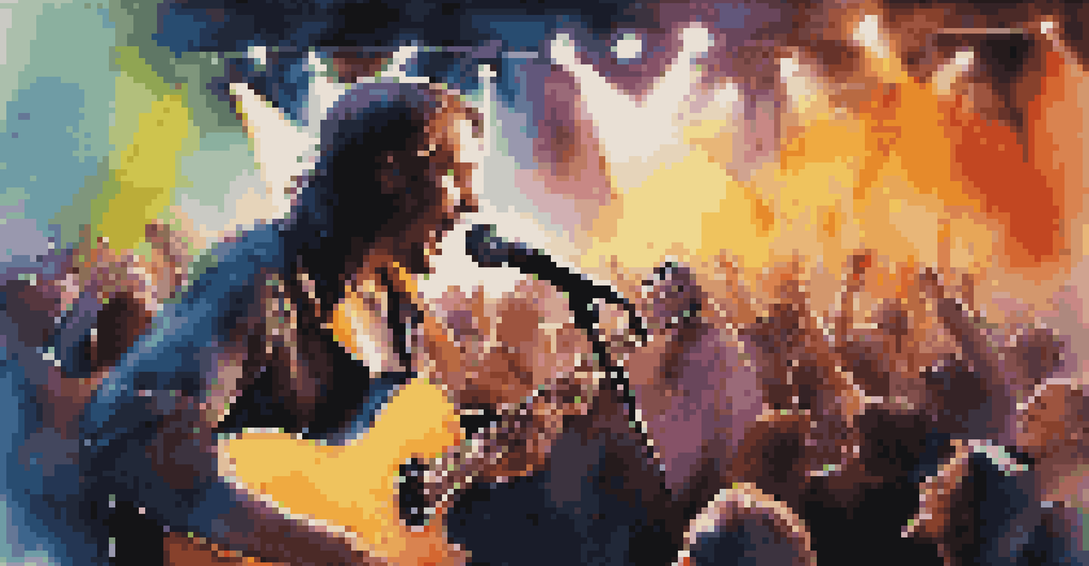 A musician playing guitar on stage, with an engaged audience and colorful stage lights.