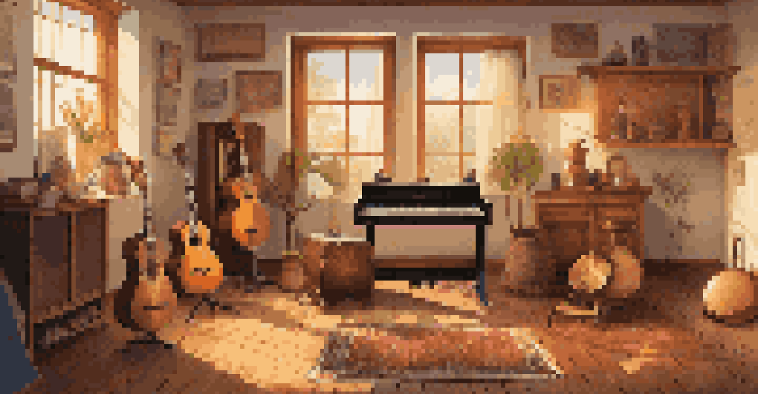 A music studio filled with diverse instruments and warm sunlight, showcasing the global influence of music.
