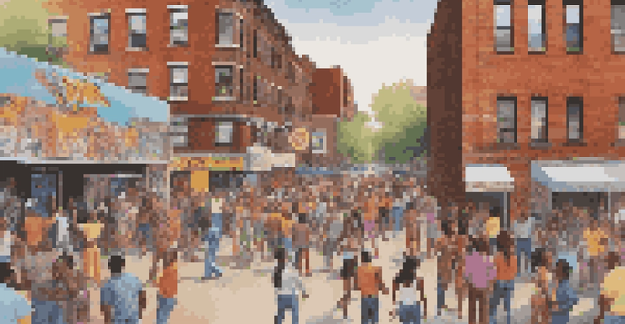 A lively street party in the Bronx with people dancing, colorful graffiti, and a DJ setup, reflecting the spirit of hip-hop culture.