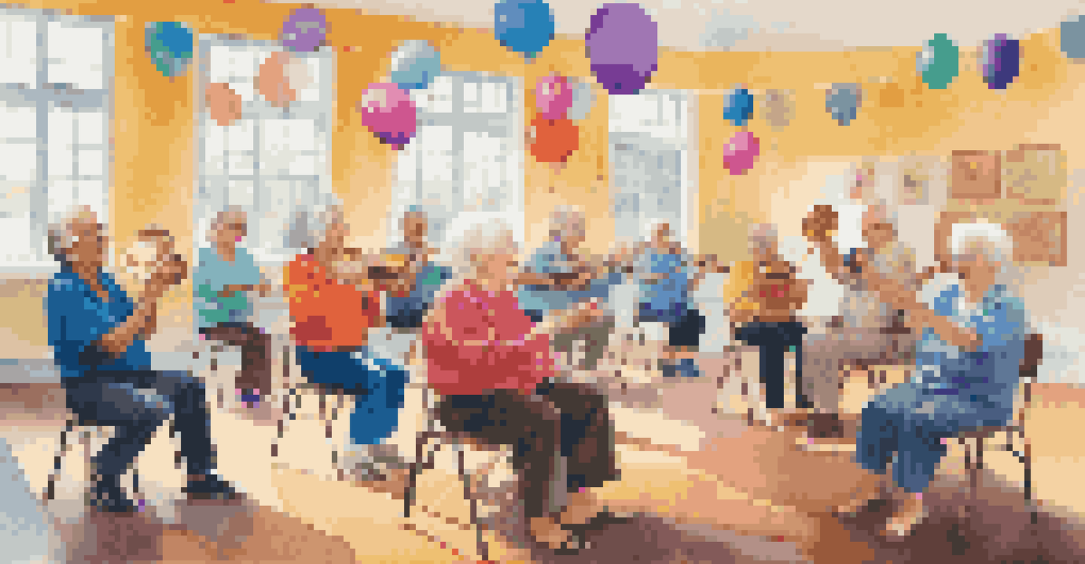 Seniors joyfully participating in a music therapy class, clapping and singing along with a therapist in a colorful room filled with instruments.