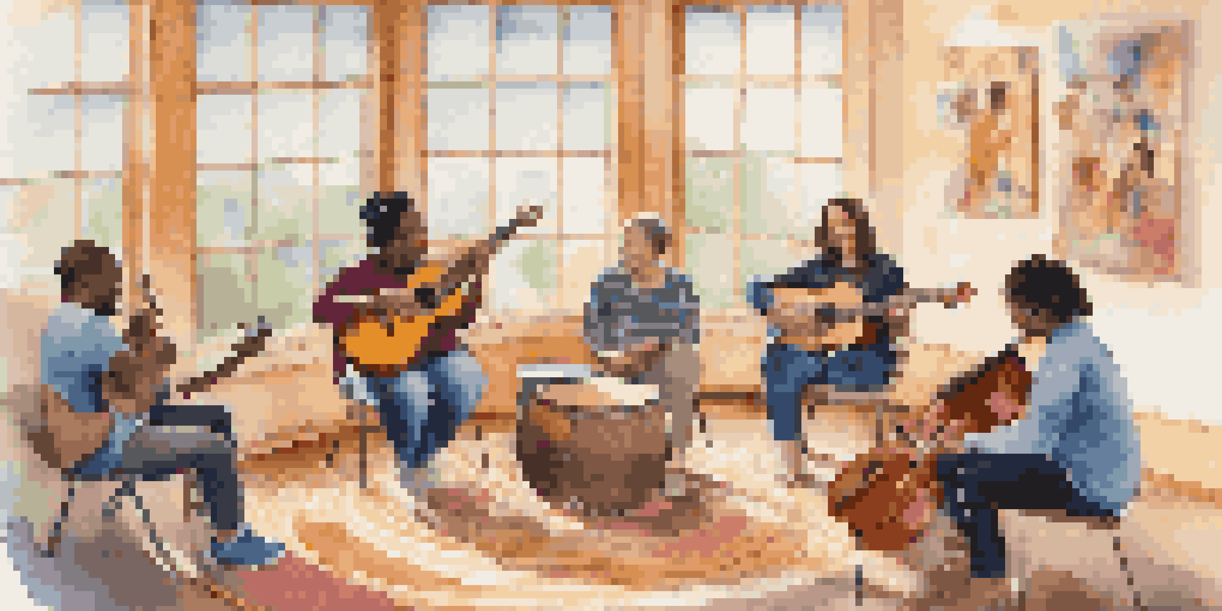 A group of individuals with Autism Spectrum Disorder in a music therapy session, joyfully engaging with musical instruments in a bright and inviting room.