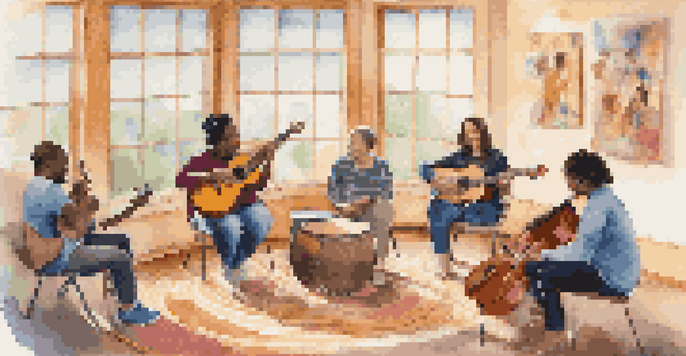 A group of individuals with Autism Spectrum Disorder in a music therapy session, joyfully engaging with musical instruments in a bright and inviting room.