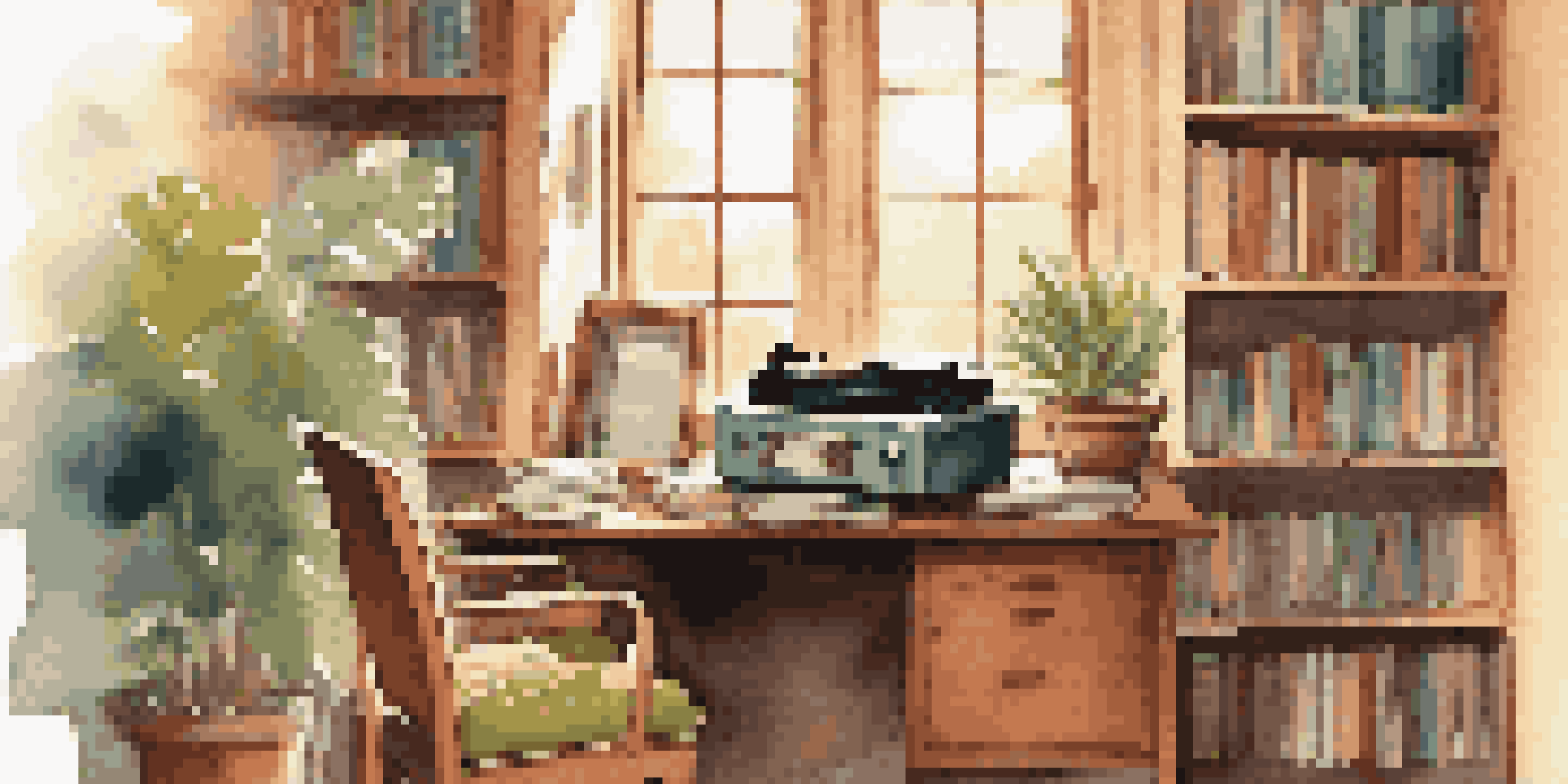 A cozy study room with a wooden desk, colorful books, and a laptop, with sunlight filtering through a window and a vinyl record player in the background.
