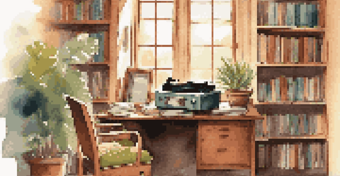 A cozy study room with a wooden desk, colorful books, and a laptop, with sunlight filtering through a window and a vinyl record player in the background.