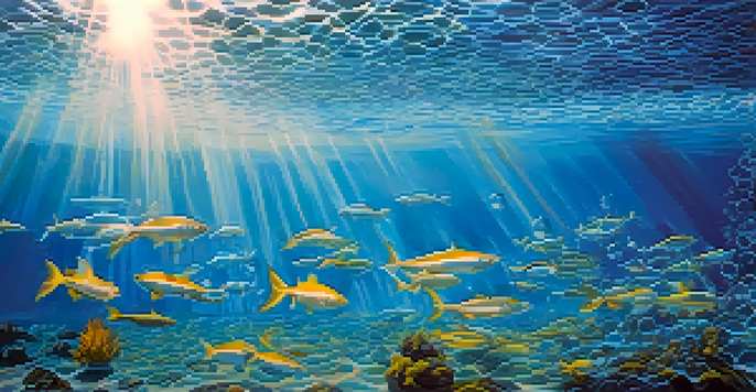 An underwater scene showing sound waves with bubbles and fish, highlighting the propagation of sound in water.