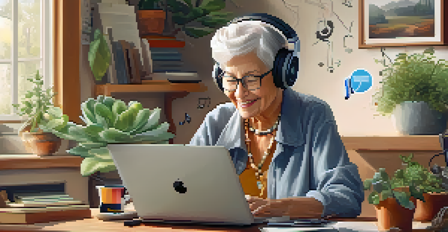 An elderly woman curating a music playlist on her laptop in a cozy home environment, smiling with musical notes around her.