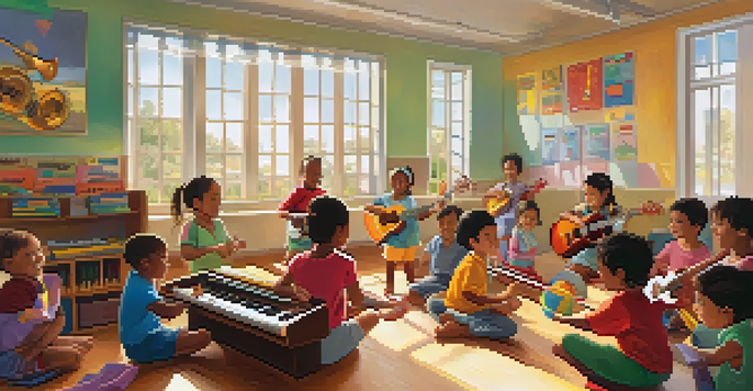 A vibrant classroom filled with children happily participating in a music lesson with various instruments, sunlight illuminating the scene.