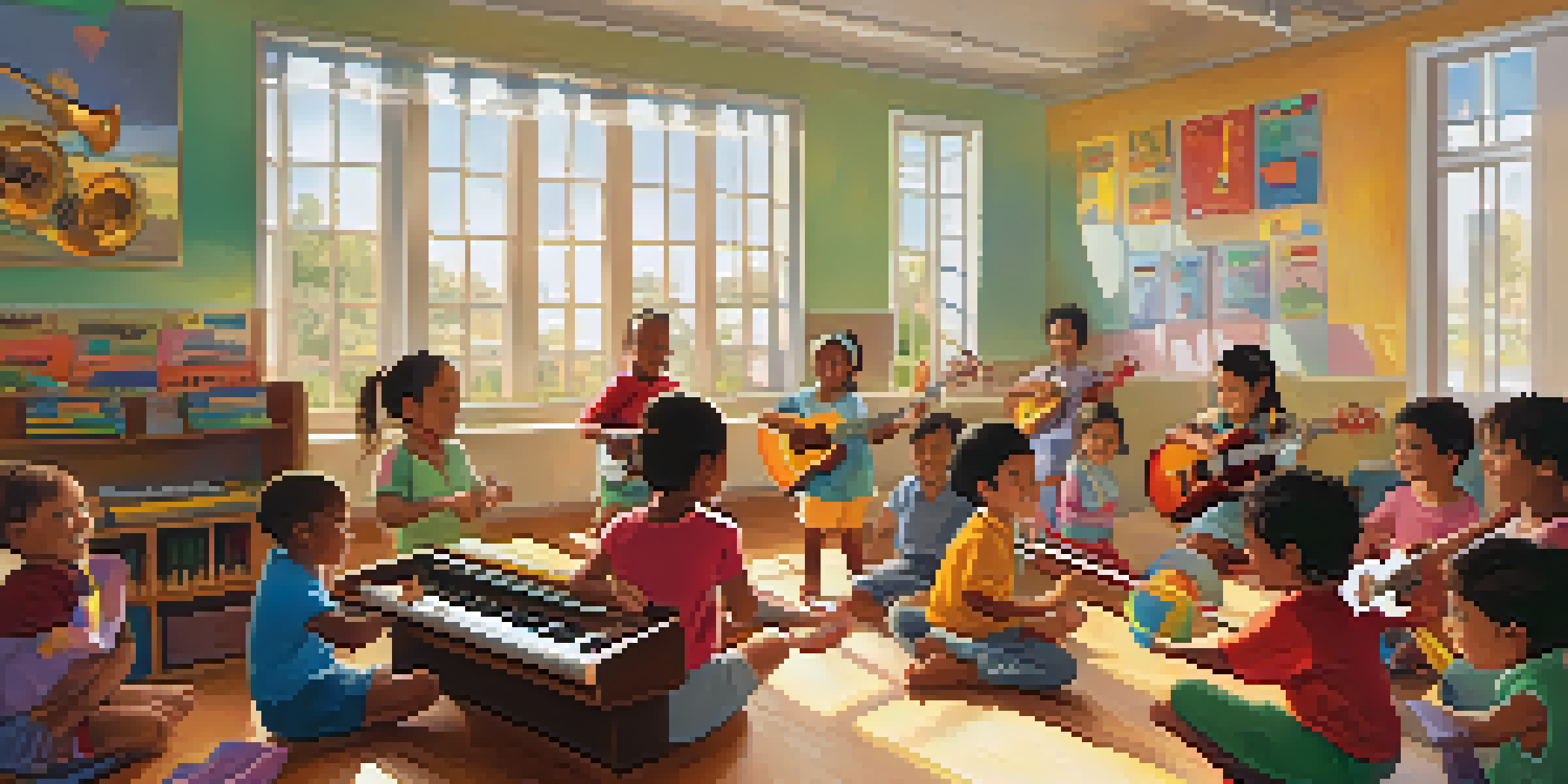 A vibrant classroom filled with children happily participating in a music lesson with various instruments, sunlight illuminating the scene.