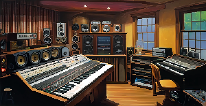 A vintage music studio with analog equipment, including a large mixing console and vinyl records, lit with warm lighting.