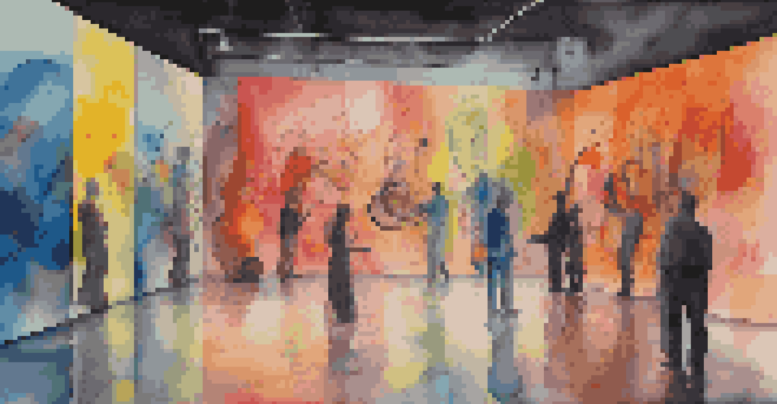 An art installation with colorful abstract sculptures in a dimly lit room, illuminated by lights that pulse with music.