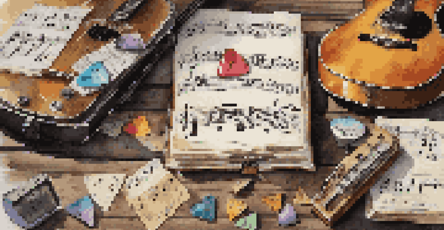 An open music book with handwritten notes and scales on a rustic wooden table, with a vintage metronome and colorful guitar picks.