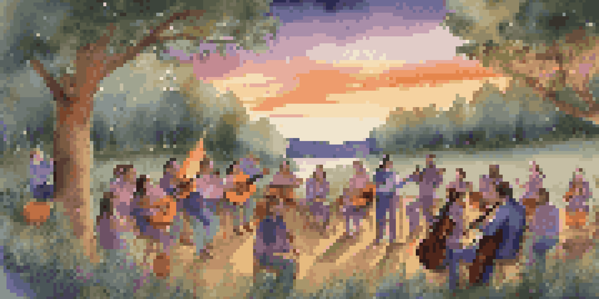 A lively folk music gathering with musicians by a campfire at sunset, surrounded by an audience and greenery.