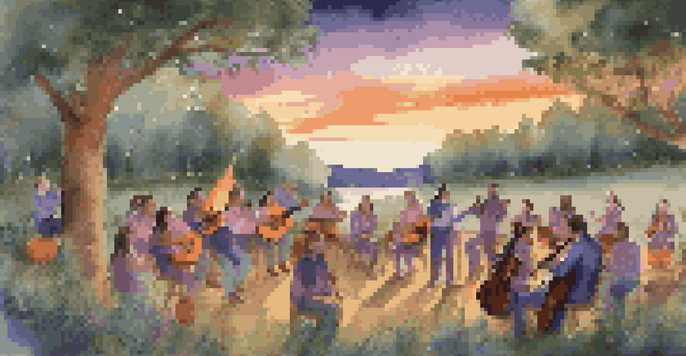 A lively folk music gathering with musicians by a campfire at sunset, surrounded by an audience and greenery.