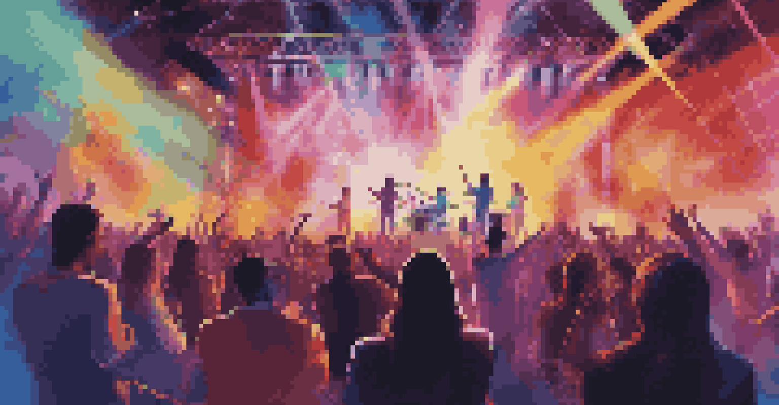 A dynamic virtual concert with holographic performers and a diverse audience engaged with their devices.