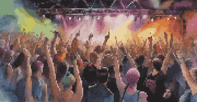 A lively punk rock concert with a diverse audience and a band performing on stage, showcasing the vibrant punk rock fashion and energetic atmosphere.