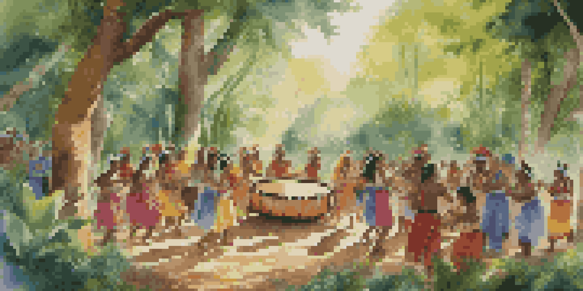 A group of Indigenous musicians playing traditional instruments in a forest, with community members dancing around them, under sunlight filtering through the trees.