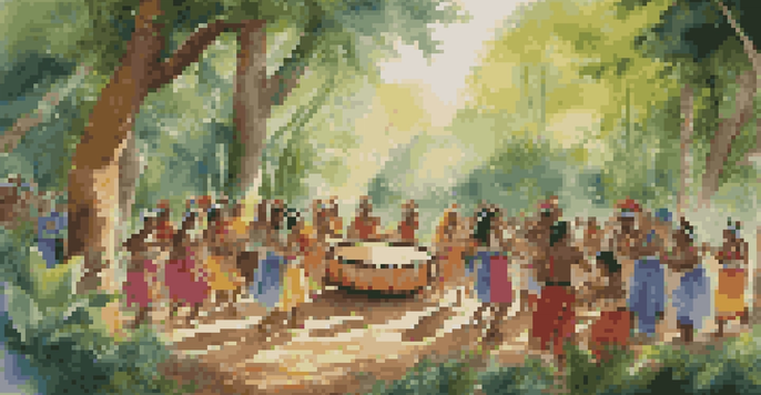 A group of Indigenous musicians playing traditional instruments in a forest, with community members dancing around them, under sunlight filtering through the trees.