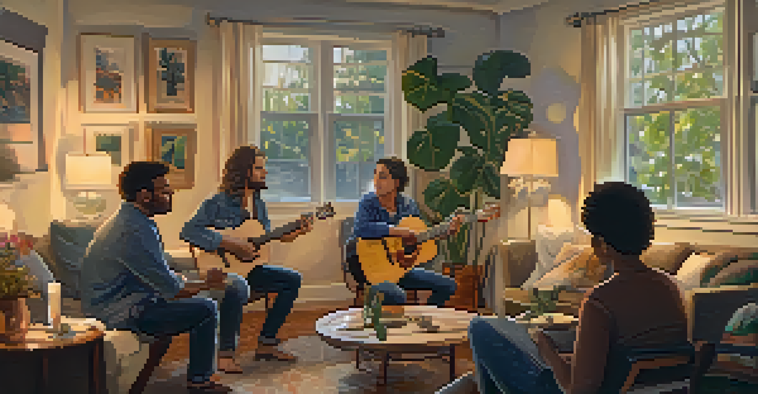 An intimate house concert scene with a musician playing guitar for a small audience in a warmly lit living room.