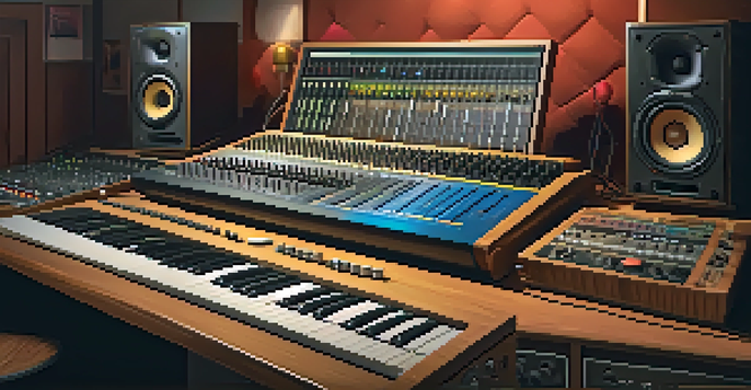 A vibrant recording studio with a mixing console, warm ambient lighting, a vintage microphone, and various musical instruments.