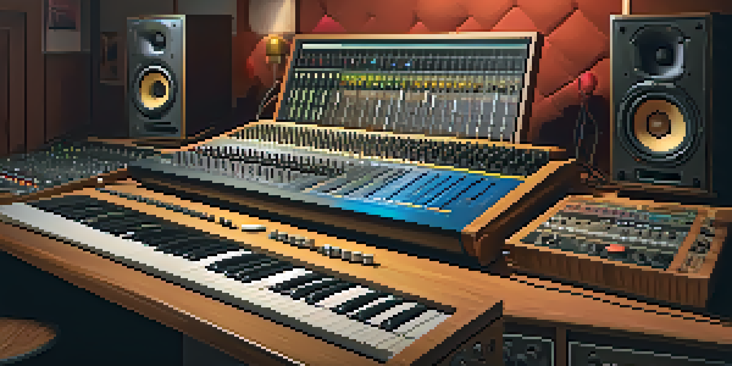 A vibrant recording studio with a mixing console, warm ambient lighting, a vintage microphone, and various musical instruments.