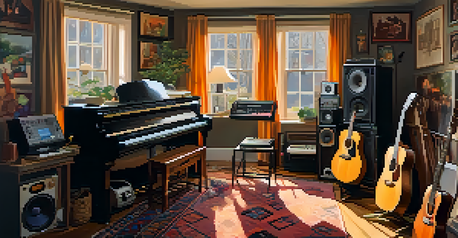 A musician in a cozy home studio, surrounded by instruments and recording equipment, working on a new song in warm lighting.