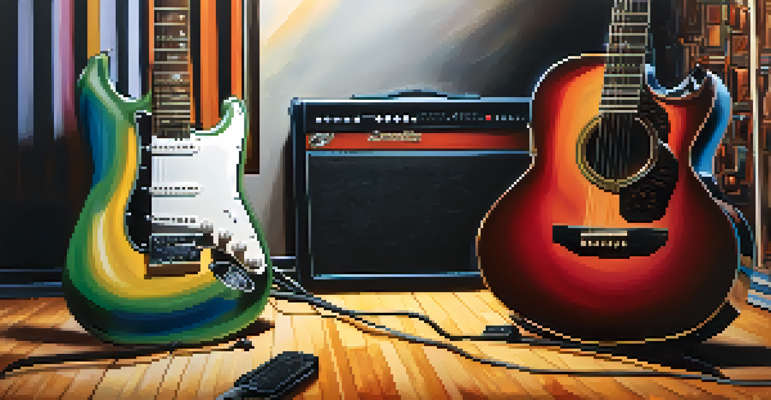 A split image of an acoustic guitar in soft light next to an electric guitar in vibrant colors, set in a music studio.