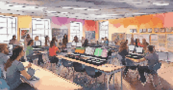 A lively classroom where students are actively engaged in music production using laptops and software, with vibrant colors and motivational posters in the background.