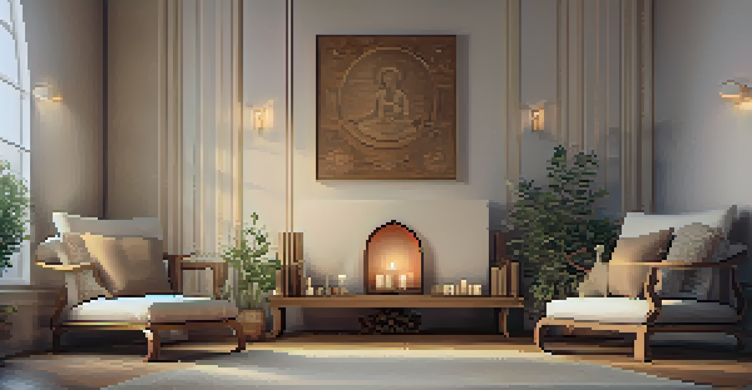 A cozy meditation corner with cushions, candles, and flowers, surrounded by floating music notes, creating a serene and calming atmosphere.