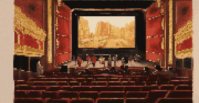 A vintage cinema with an audience watching a classic black and white movie, surrounded by warm golden and red hues.