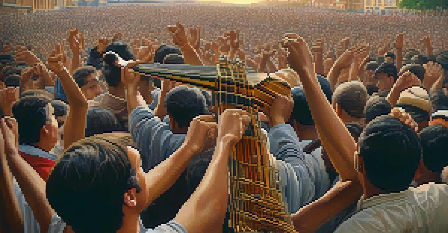 Close-up of hands holding a traditional musical instrument, symbolizing cultural identity in social movements, with a crowd singing in the background.